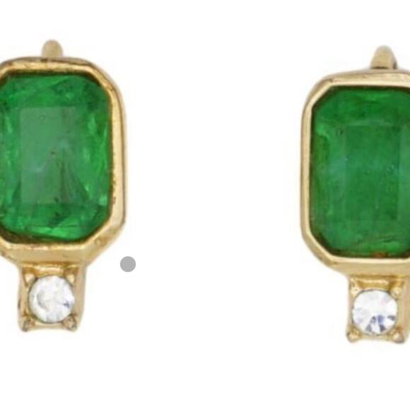 Christian Dior Vintage 1980 Gripoix Emerald Clear Crystal Octagon Clip Earrings - Picture 2 of 6